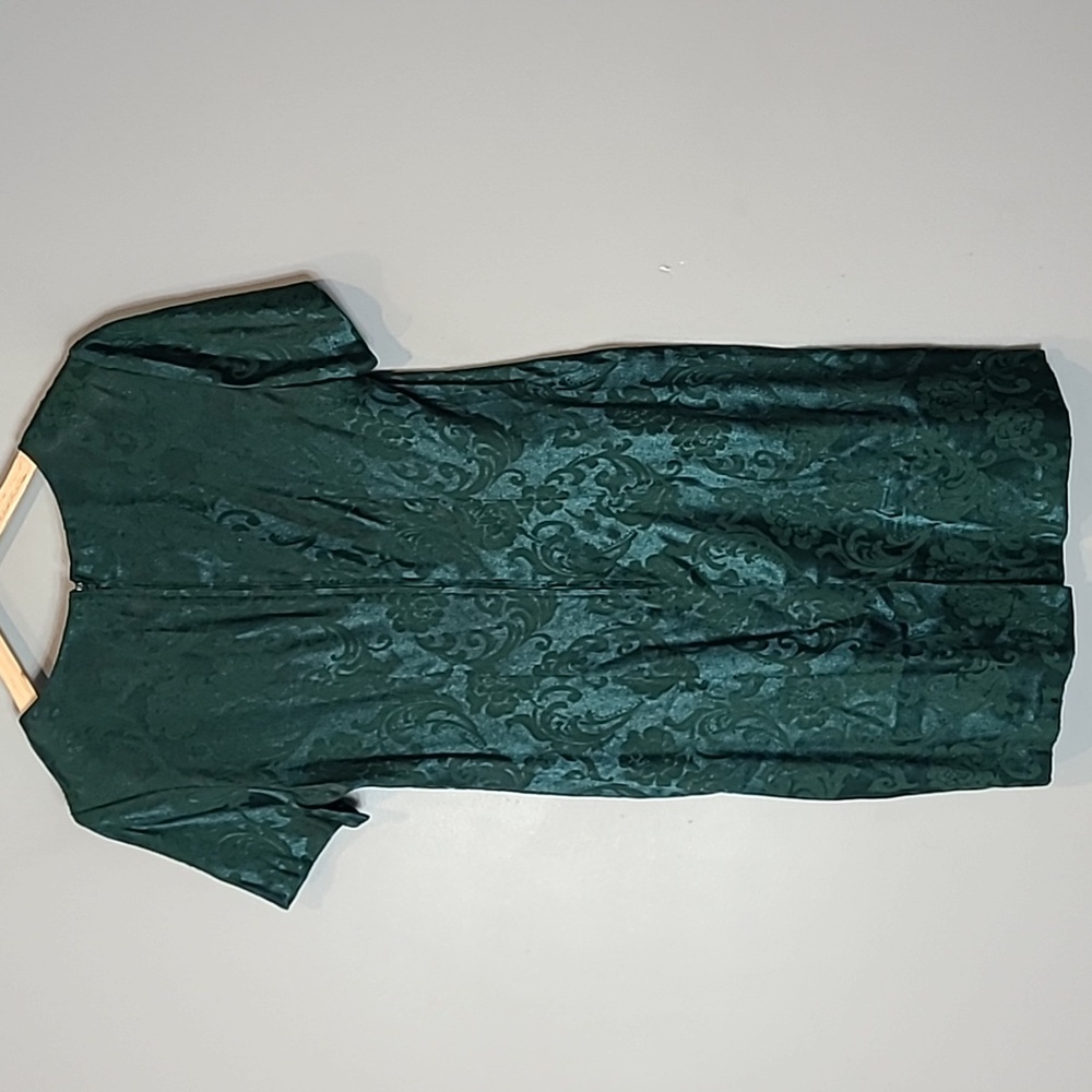 VINTAGE 1990s Emerald Green Satin Floral Dress Jewel Tone Jaquard Size 10P - Picture 6 of 8
